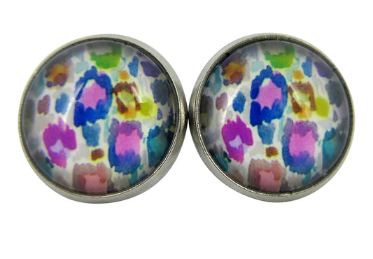 Stainless Steel Colorful Watercolor Animal Print Glass Stud Earrings 12mm