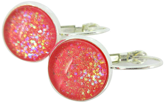 Silver-tone Coral Iridescent Glitter Glass Galaxy Drop Earrings Leverback Hand-painted