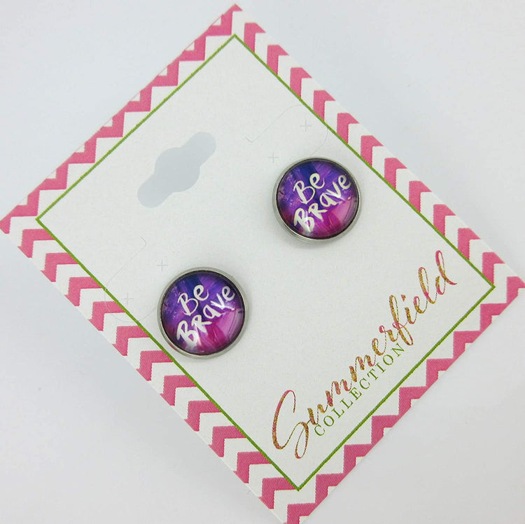 Stainless Steel Be Brave Print Glass Stud Earrings 12mm