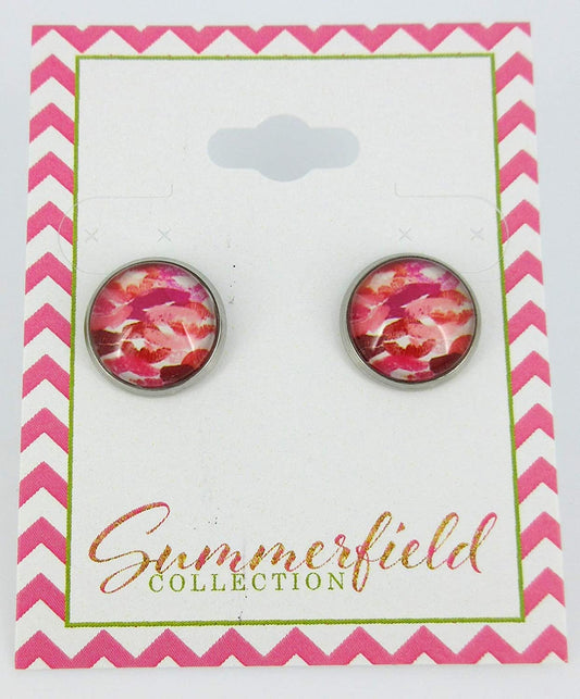 Stainless Steel Lipstick Kisses Camo Print Glass Stud Earrings 12mm White Pink Red