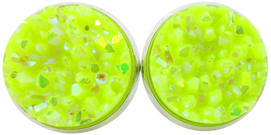 Silver-tone Neon Yellow AB Faux Druzy Stone Stud Earrings 12mm