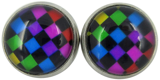 Stainless Steel Rainbow and Black Checkerboard Print Glass Stud Earrings 12mm
