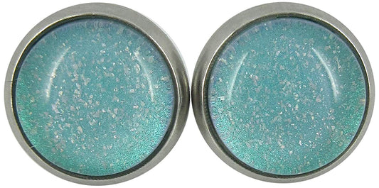 Stainless Steel Light Aqua Mint Glitter Glass Stud Earrings Hand-painted 10mm