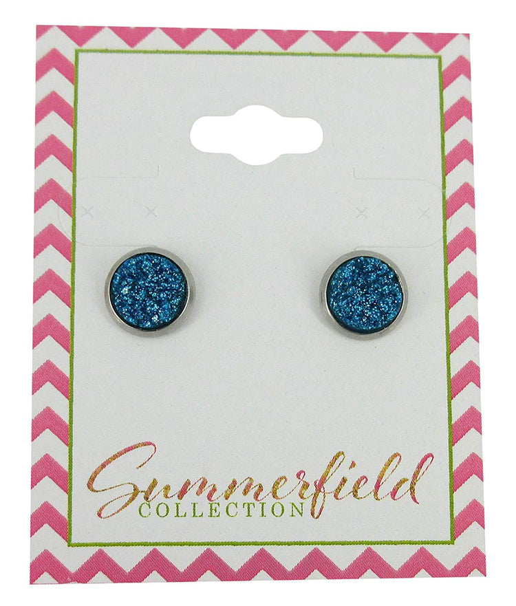 Stainless Steel Glitter Faux Druzy Stone Stud Earrings 8mm