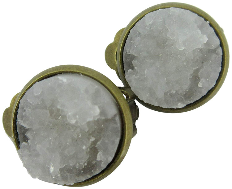 CLIP-ON Antiqued Gold-tone Faux Druzy Stone Stud Earrings 12mm (Clear)