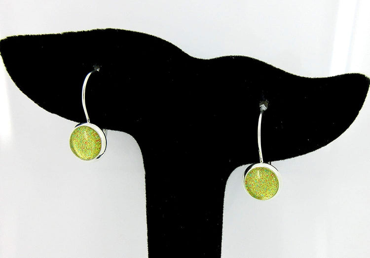 Silver-tone Gold Green Red Glitter Glass Drop Earrings Hand-painted 8mm