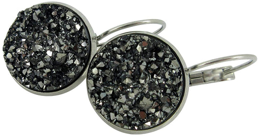 Stainless Steel Gunmetal Gray Faux Druzy Stone Lever-back Drop Earrings 14mm
