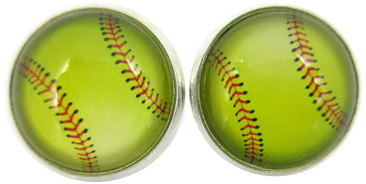 Silver-tone Softball Print Glass Stud Earrings 12mm