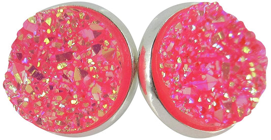 Silver-tone Hot Pink AB Faux Druzy Stone Stud Earrings 12mm