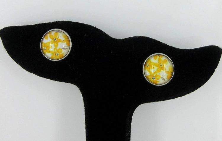 Stainless Steel Yellow Flower Print Glass Stud Earrings 12mm