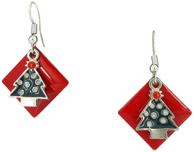 Silver-tone Red Enamel Christmas Tree Charm Dangle Earrings