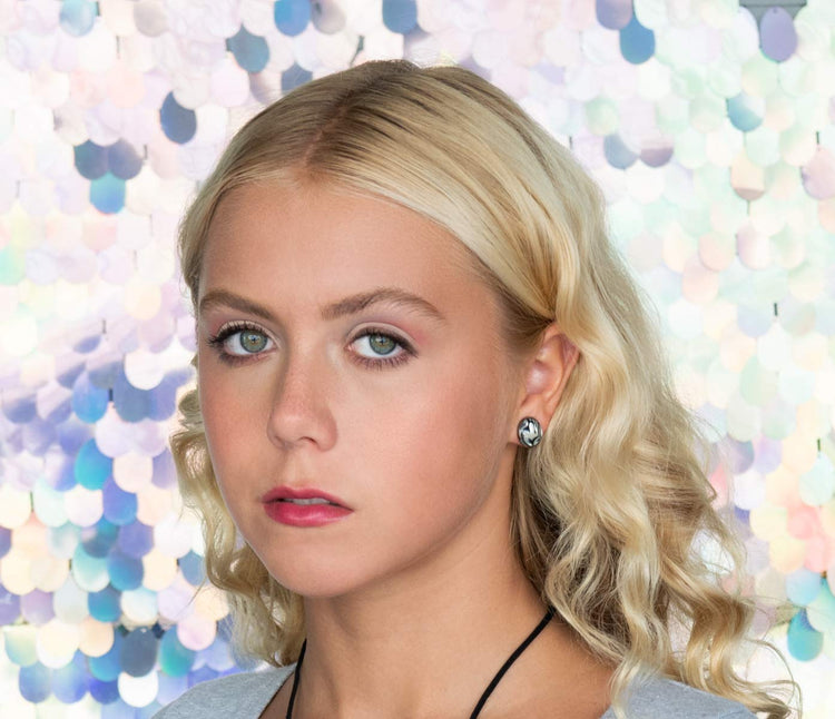 Hematite-tone Black and White Zebra Print Stud Earrings 12mm