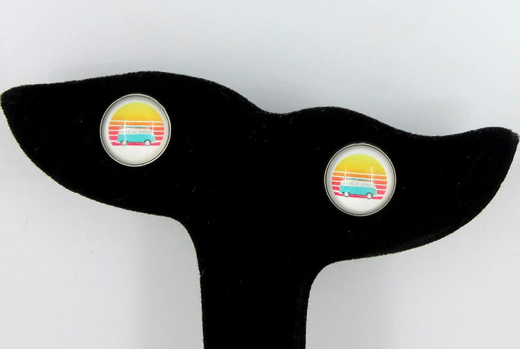 Stainless Steel Vintage Camper Sunset Print Glass Stud Earrings 12mm