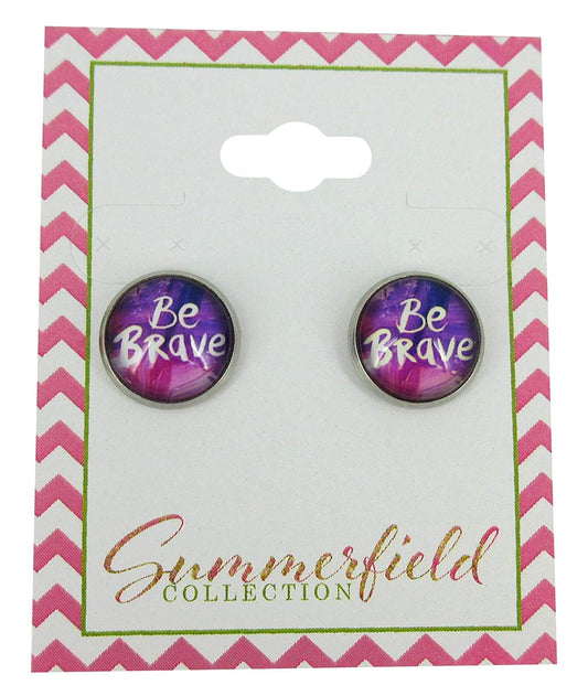 Stainless Steel Be Brave Print Glass Stud Earrings 12mm