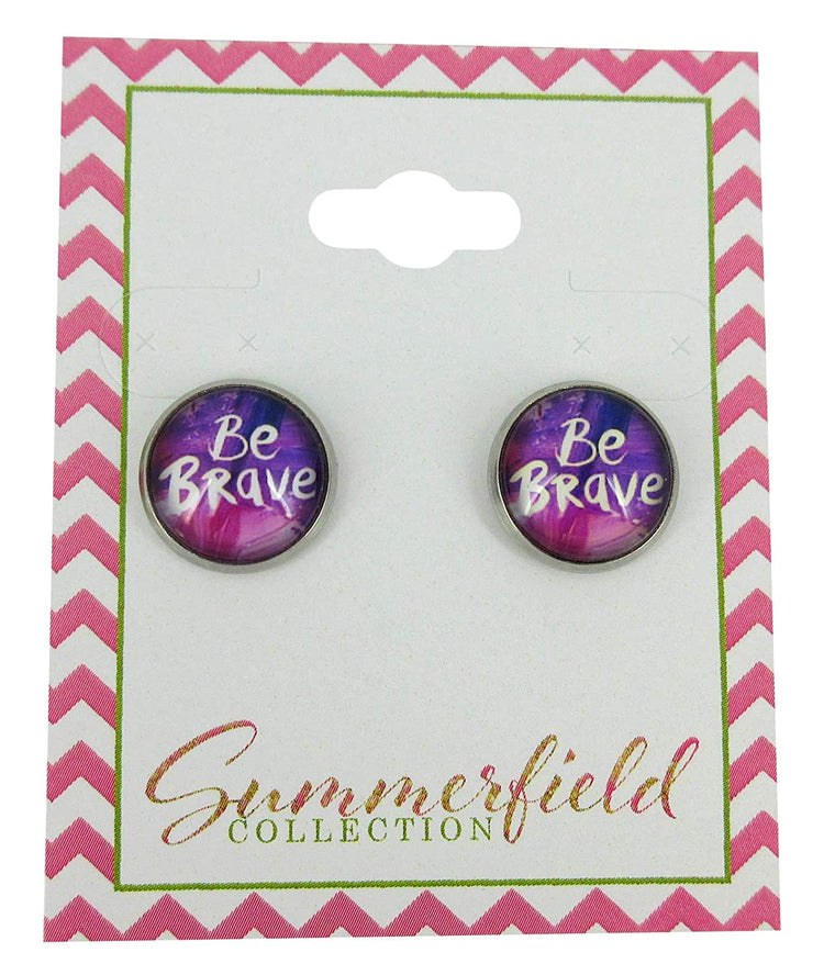 Stainless Steel Be Brave Print Glass Stud Earrings 12mm