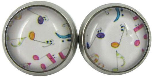 Stainless Steel Rainbow Music Note Print Glass Stud Earrings 10mm
