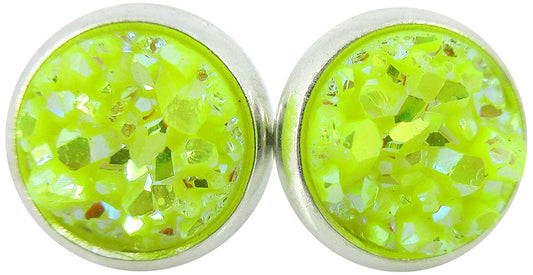 Silver-tone Neon Yellow AB Faux Druzy Stone Stud Earrings