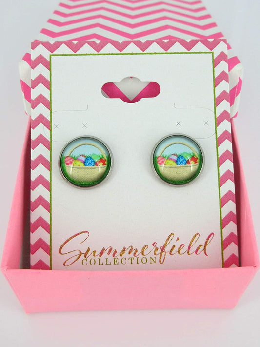 Stainless Steel Easter Egg Basket Print Glass Stud Earrings 12mm
