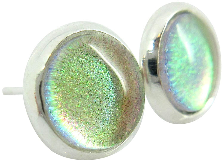 Silver-tone Pink to Green Color Shift Glitter Glass Stud Earrings Hand-painted 8mm
