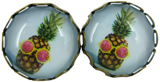 Antiqued Gold-tone Pineapple Print Glass Stud Earrings 12mm