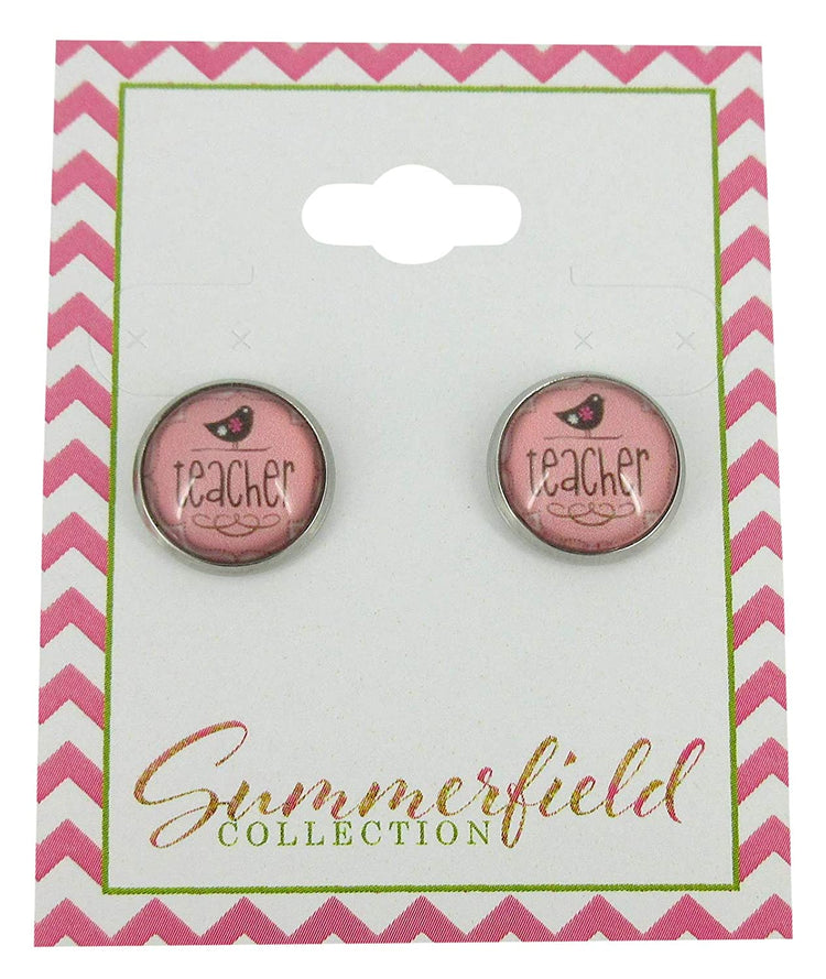 Stainless Steel Teacher Bird Print Glass Stud Earrings 12mm Pink