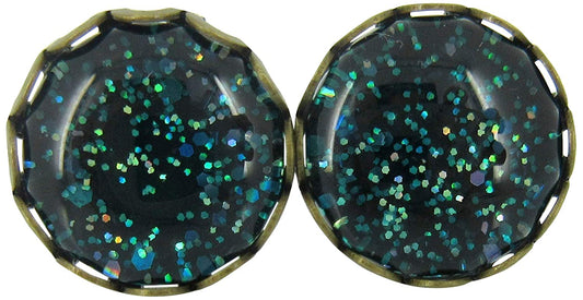 Antiqued Gold-tone Dark Teal Green Glitter Glass Stud Earrings Hand-painted 10mm