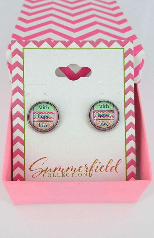 Stainless Steel Faith Hope Love Print Glass Stud Earrings 12mm