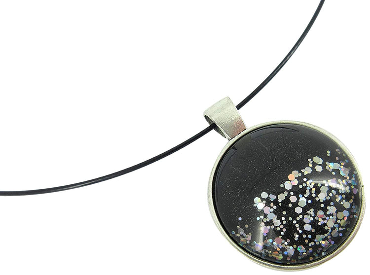 Silver-Tone Black and Holographic Glitter Glass Geometric Pendant Necklace Magnetic 18 inch