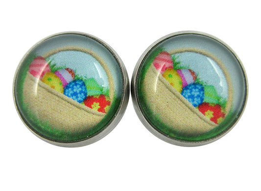 Stainless Steel Easter Egg Basket Print Glass Stud Earrings 12mm