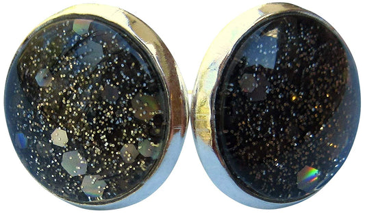 Silver-tone Black Holographic Glitter Glass Galaxy Stud Earrings Hand-painted 12mm