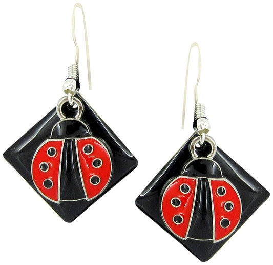 Silver-tone Black Enamel and Red Ladybug Charm Dangle Earrings