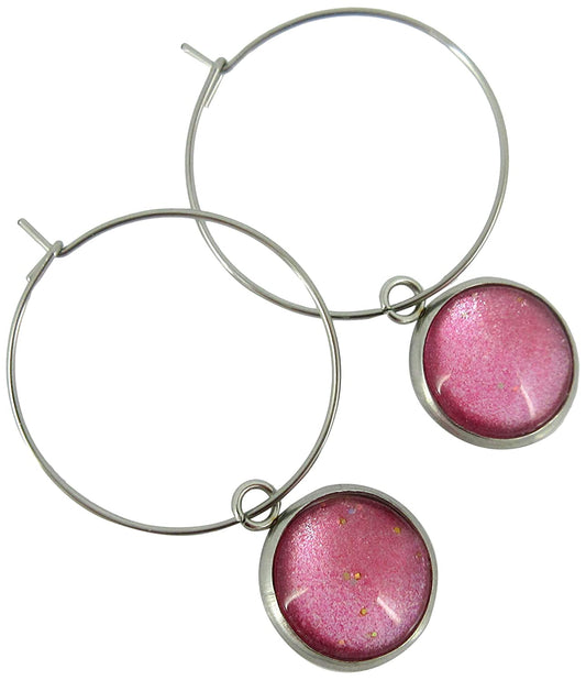 Stainless Steel Pink and Silver Glitter Glass Charm Hoop Earrings Hand-painted 1"