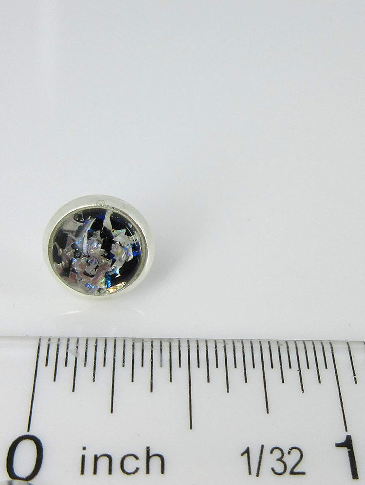 Silver-tone Blue and Black Glitter Glass Stud Earrings Hand-painted 8mm