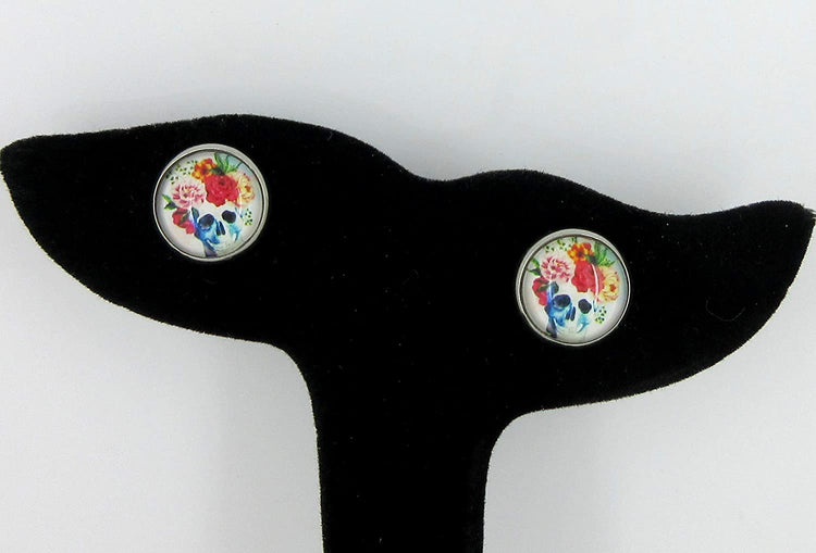 Stainless Steel Watercolor Skull with Flowers Printed Glass Stud Earrings 12mm