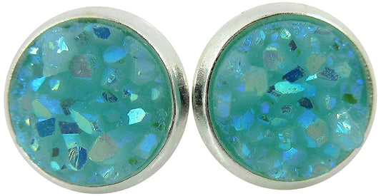 Silver-tone Pastel AB Faux Druzy Stone Stud Earrings 8mm (Aqua Blue)