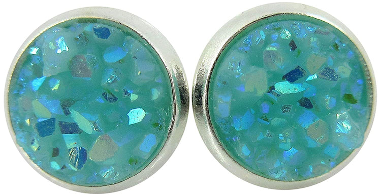 Silver-tone Pastel AB Faux Druzy Stone Stud Earrings 8mm (Aqua Blue)