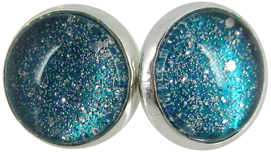 Silver-tone Twinkle Glitter Glass Galaxy Stud Earrings Hand-painted 12mm