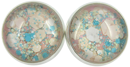 Silver-tone Pink Aqua Blue White and Lime Green Glitter Glass Stud Earrings Hand-painted 12mm