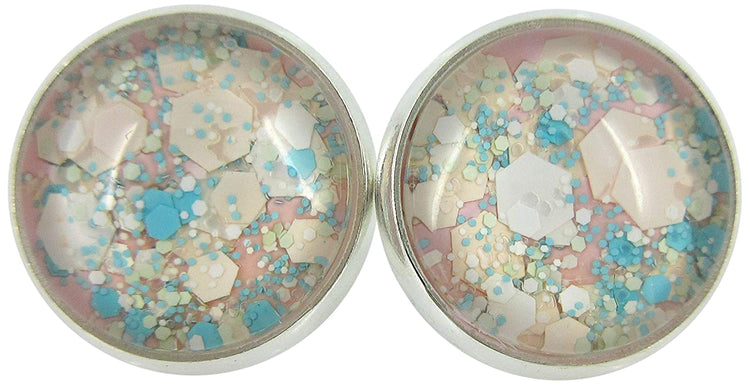 Silver-tone Pink Aqua Blue White and Lime Green Glitter Glass Stud Earrings Hand-painted 12mm