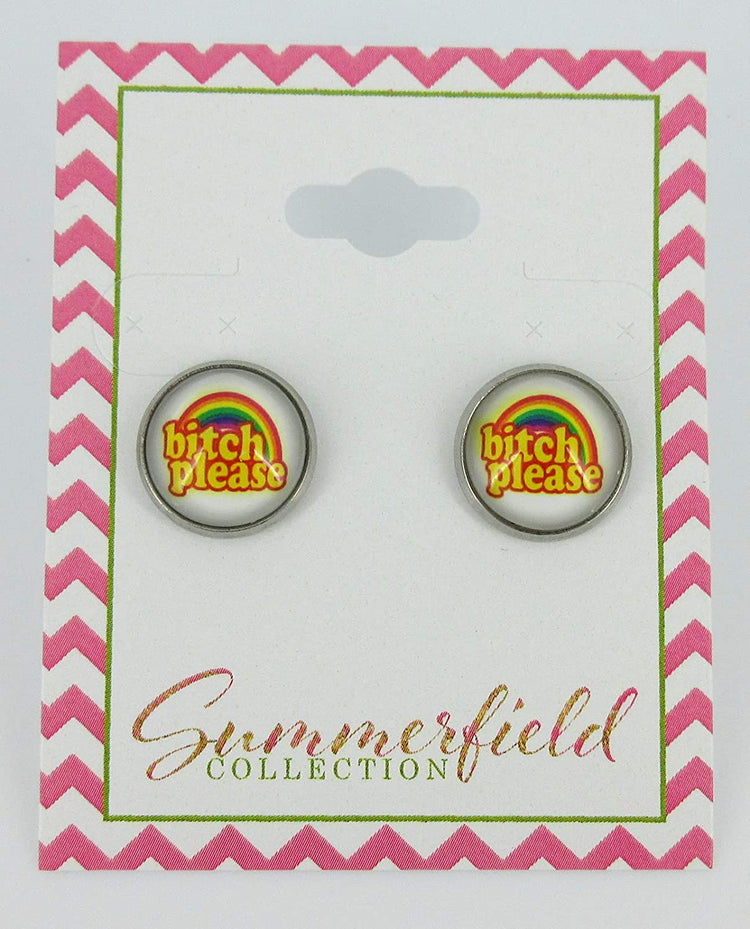 Stainless Steel Rainbow Bitch Please Print Glass Stud Earrings 12mm