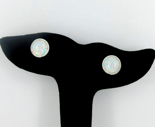 Shiny Silver-tone White Iridescent Glitter Resin Stud Earrings 10mm