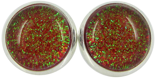 Silver-tone Red and Green Glitter Glass Stud Earrings Hand-painted 10mm