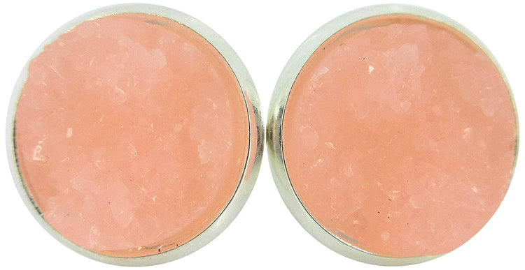 Silver-tone Peach Pink Faux Druzy Stone Stud Earrings 12mm