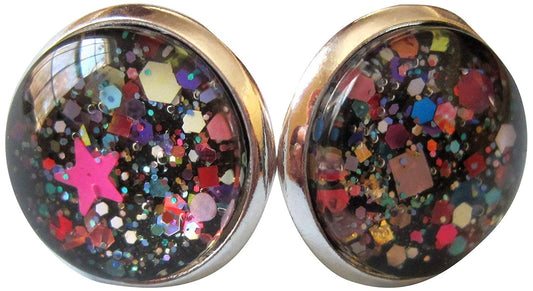 Silver-Tone Black and Multi-Color Confetti Glitter Glass Stud Earrings 1/2" Round