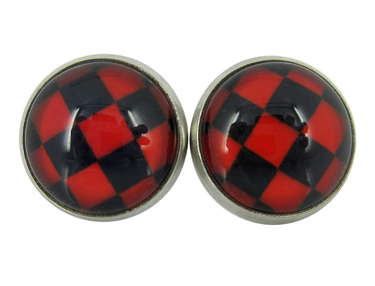 Stainless Steel Red and Black Checkerboard Print Glass Stud Earrings 12mm