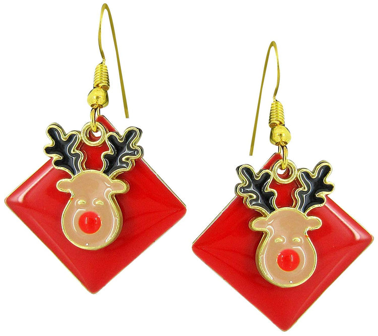 Gold-tone Red Enamel Reindeer Charm Dangle Earrings