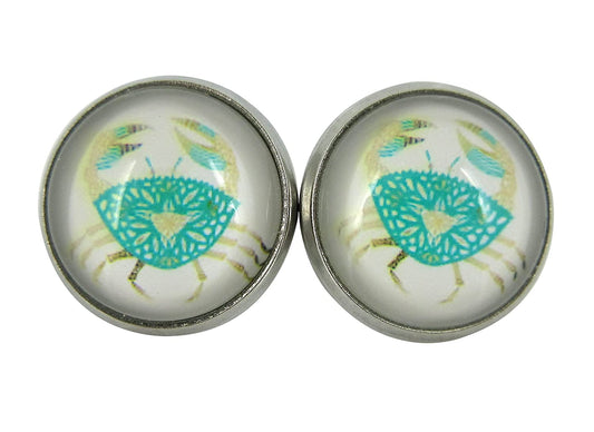Stainless Steel Blue Crab Print Glass Stud Earrings 12mm
