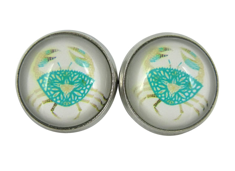 Stainless Steel Blue Crab Print Glass Stud Earrings 12mm