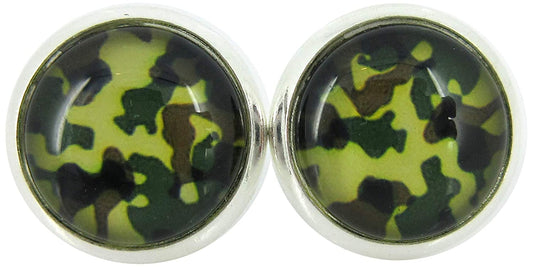 Silver-tone Green Camo Print Glass Stud Earrings 10mm