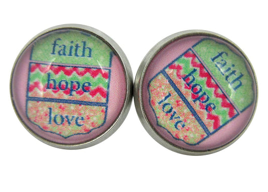 Stainless Steel Faith Hope Love Print Glass Stud Earrings 12mm